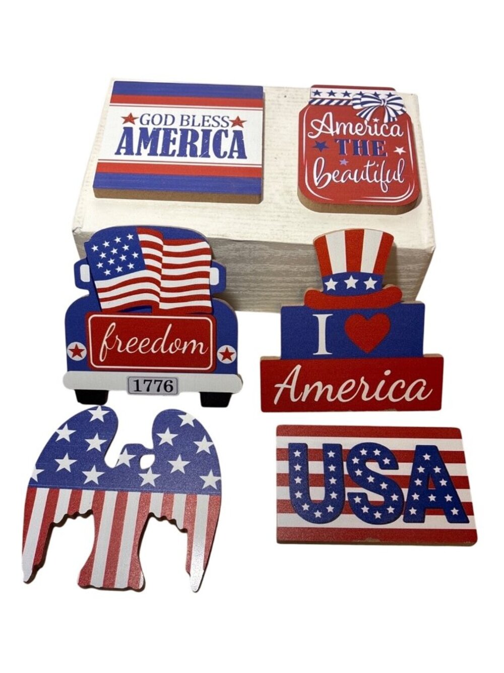 Patriotic Wood Decor USA Set 4th of July American Flag & Stars Design Lot of 6